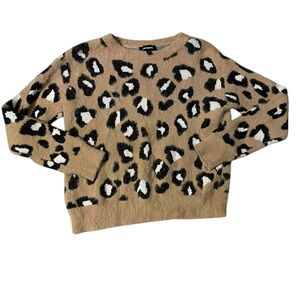 Express‎ Leopard Fuzzy Sweater Beige Animal Print Soft Pullover | Women’s S
